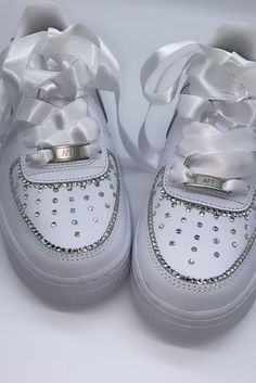 Custom Made to Order Swarovski Nike Air Force 1's in White (Free Silk Ribbon Laces) UK 2 / EU 34 / Girls 2.5Y UK 2.5 / EU 35 / Girls 3Y UK 3 / EU 35.5 / Girls 3.5Y UK 3.5 / EU 36 / Girls 4Y / W5.5 UK 4 / EU 36.5 / Girls 4.5Y / W6 UK 4.5 / EU 37.5 / Girls 5Y / W6.5 UK 5 / EU 38 / Girls 5.5Y / W7 UK 5.5 / EU 38.5 / Girls 6Y / W7.5 UK 6 / EU 39 / Girls 6.5Y / W8 UK 6 / EU 40 / Girls 7Y / W8.5 UK 6.5 / EU 40.5 / US 9 UK 7 / EU 41 / US 9.5 UK 7.5 / EU 42 / US 10 UK 8 / EU 42.5 / US 10.5 UK 8.5 / EU 4 Bride Custom Shoes, Prom Shoes Trainers, Silk Shoe Laces, Wedding Shoes Trainers, Quince Air Forces, Lace-up Wedding Shoes With Rhinestones For Party, Prom Trainers, Elegant Lace-up Wedding Shoes With Rhinestones, Elegant Wedding Sneakers With Rhinestones