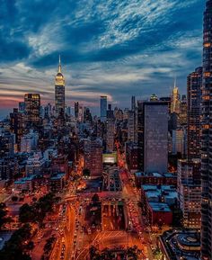 an aerial view of the city at night