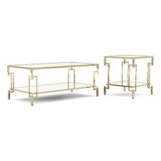 two tables with glass tops and gold metal legs, one on the left and one on the right