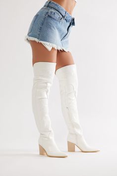 Available In White. Thigh High Cowboy Boots Pointed Toe High Heel Block Heel Imported | Texas Charm Thigh High Boots in White size 7 by Fashion Nova White Thigh High Cowboy Boots, Thigh High Cowboy Boots, High Cowboy Boots, White Thigh Highs, Halloween Women, Thigh High Boots, White Fashion, Matching Dresses, Thigh High