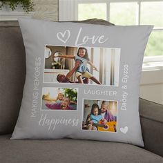 a gray pillow with four pictures on it and the words love, laughter, happiness