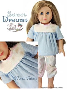 the doll is wearing a blue dress and pants