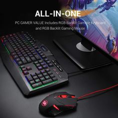 a gaming keyboard and mouse sitting next to each other on a black desk with the words, all - in - one pc gamer value includes rgb