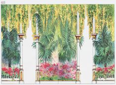 an image of a garden scene with palm trees and flowers in the foreground, on a white background