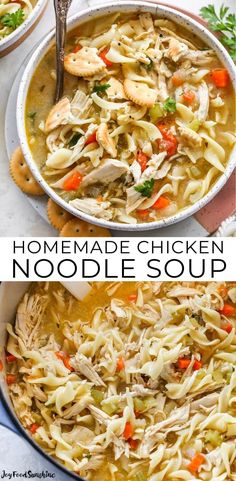 homemade chicken noodle soup in a large pot with a spoon and another bowl full of noodles