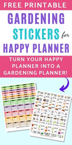 the free printable gardening stickers for happy planner is shown with text overlay