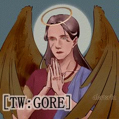 an angel with her hands clasped in front of her face and the words, tw gore