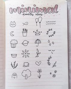 an open notebook with doodles on it and the words,'minininal lovely things'written in cursive writing