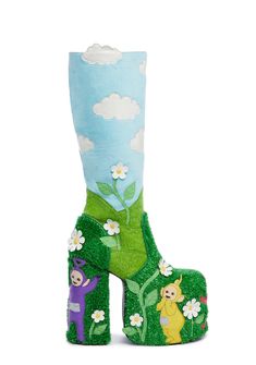 Dolls Kill x Teletubbies Turf Cloud Platform Boots La La Po Tinky Winky Dipsy - Multi Art On Shoes, Novelty Fashion, Rave Shoes, Tinky Winky, Halloween Shoes, Fun Shoes, Cloud Pattern, Creative Clothes, Ugly Shoes