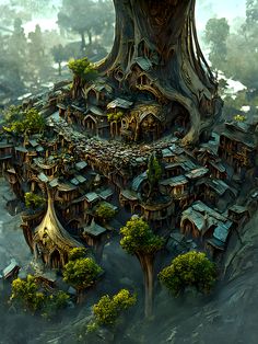 an artistic rendering of a tree - like village in the middle of a forested area