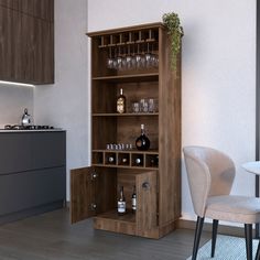 a wooden cabinet filled with bottles and glasses