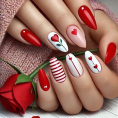 Celebrate love with this stunning realistic hand nail design! Featuring a beautiful blend of red and white, this minimalist look is perfect for Valentine’s Day. Whether you’re going out on a date or celebrating with friends, these nails will add a touch of elegance to your style. 💖✨  Hashtags: #NailArt #ValentinesNails #MinimalistNails #RedAndWhiteNails #LoveNails #NailDesign #Manicure #NailInspo #ValentinesDay2023 Feb Nails Valentines Day Almond, Nails St Valentin, Cute Valentines Nail Ideas, Almond Nails Designs Valentine, Feb Nail Designs, Valentine's Nail Art, Valentine’s Day Nails Coffin, Red Valentine’s Day Nails, Valentine Nail Art Designs Heart