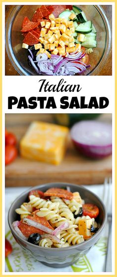 two pictures with different types of pasta salads in them and the words italian pasta salad