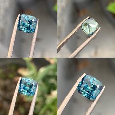 three different pictures of blue and green diamonds on metal tongs in front of a potted plant