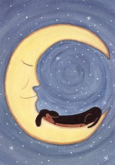 a painting of a dachshund sleeping on the moon with stars in the sky