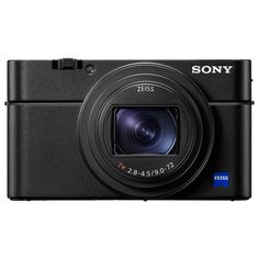 the sony camera is black and has a lens in it's front view,