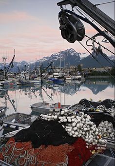 many boats are docked in the water with mountains in the backgrouds behind them