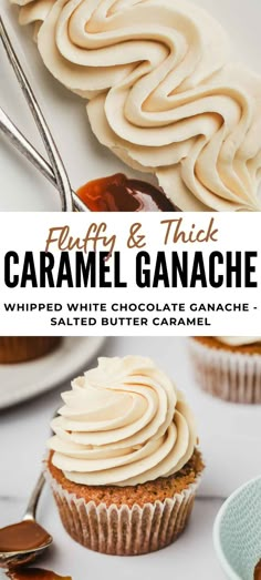 an image of caramel ganache cupcakes with whipped cream on top