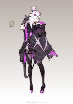 an anime character is standing in front of a gray background with purple and black accents