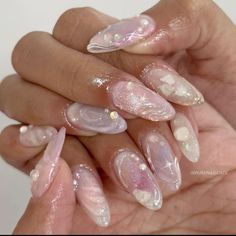 Douyin mermaid shell nails 3d gel korean #nails ネイル jelly nails Angel Inspired Nails, Kawaii Nail Art Korean, Mermaid Toenails, Summer Nails Korean, Nails Ethereal, Ethereal Nails, Ivory Nails, Korean Nail, Wedding Nail Art Design