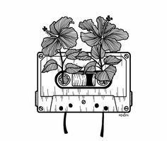 a drawing of a cassette with flowers in it