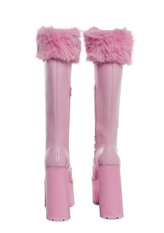 cuz you always know how to charm! These knee high platform boots have a vegan leather construction with faux fur trim, chunky block heels, extra long adjustable laces with tonal D-ring hardware, and side zip closures. Pink Knee-high Heeled Boots For Winter, Pink Platform Boots For Winter, Party Boots With Faux Fur Lining, High Platform Boots, Coquette Clothing, Outfit Boards, Knee High Platform Boots, Bday Wishlist, Pink Platform