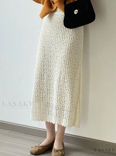 Lasaky - High-Waisted Knitted Straight Pencil Skirt with Crocheted Lace Details Elegant Beige Knit Skirt, White Knit Skirt For Fall, Elegant Knit Pencil Skirt, White Knit Skirt For Winter, White Knit Winter Skirt, Elegant Long Knit Skirt, Casual Knitted Skirt For Spring, Pointelle Knit Skirt, Crocheted Lace