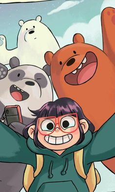 a girl with her arms in the air surrounded by bears