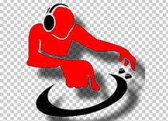 a red person with headphones sitting on top of a turntable