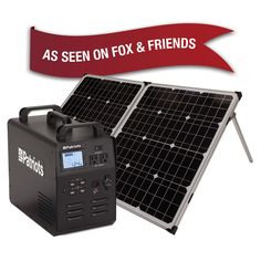 the solar power generator is on display with an advertise banner above it that reads as seen on fox & friends