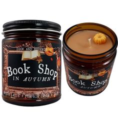 an open jar of book shop in autumn with a pumpkin on the lid next to it