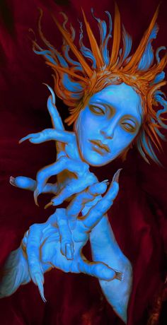 a painting of a woman with blue paint on her face and hands in the air