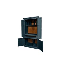 an open cabinet with two doors on the front and one door closed to reveal shelves