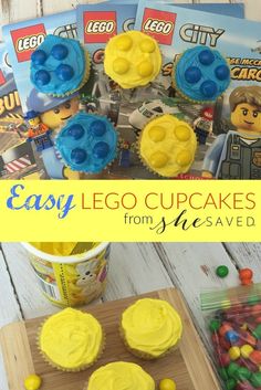 lego cupcakes with yellow frosting are on a cutting board next to candy