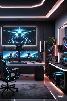 a gaming room with two monitors and speakers