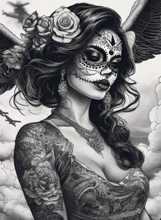 a woman with tattoos on her face and wings