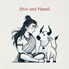 a woman sitting next to a cow on top of a white sheet with the words shri and nandi written in red