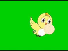 a yellow bird with an egg in its mouth on a green screen, looking at the camera