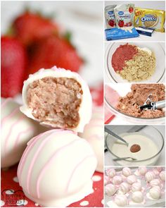 there are many different types of desserts on the table with strawberries and milk