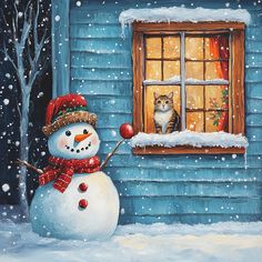 a painting of a snowman with a cat looking out the window in front of it