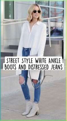 Street Style White Ankle Boots and Distressed Jeans - Elevate your street style by rocking white ankle boots with distressed jeans. Throw on a graphic tee and a leather jacket for a casual yet edgy ensemble. Ankle Boots Outfit Ideas, River Island Ankle Boots, White Ankle Boots Outfit, Style White Boots, White Booties Outfit, Short Boots Outfit, Long Sleeve Dress Outfit, Outfit Ideas With Boots, Ankle Boots Outfit