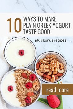 A big bowl of yogurt with berries and nuts next to a small bowl of nuts and a small bowl of yogurt. Things To Add To Plain Greek Yogurt, Things To Put In Greek Yogurt, Greek Yogurt For Breakfast, Flavor Plain Greek Yogurt, Greek Yogurt Mix Ins Healthy, How To Flavor Greek Yogurt, What To Put In Greek Yogurt, Plain Greek Yogurt Breakfast Ideas, How To Flavor Plain Yogurt