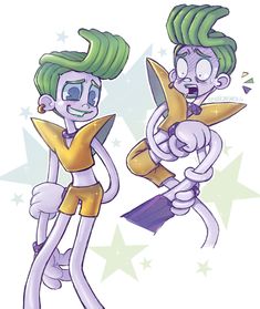 two cartoon characters with green hair and yellow pants, one has scissors in his hand