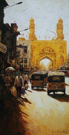 an oil painting of people and vehicles on a street in front of a yellow arch