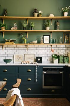 a kitchen with green walls and shelves filled with potted plants on top of it