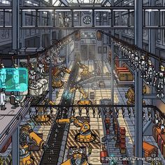 an industrial factory filled with lots of machines and people working on it's assembly lines