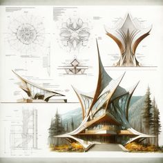 an architectural drawing shows the design for a building with many different angles and shapes, including curves