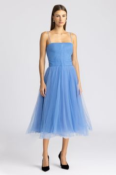 With a pleated tulle bodice, this dress is party-ready. Crafted in a Marine hue tulle, the flattering ballerina neckline is suspended with adjustable pin-thin straps and offset with a airy, layered midi-length skirt. Tulle Bodice, Pleated Tulle, Tulle Midi Dress, Cocktail Gowns, Midi Length Skirts, Midi Length, Dresses For Sale, Bodice, Cocktail Dress