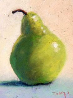 a painting of a green pear on a white background