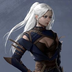 a woman with white hair wearing armor and holding two swords